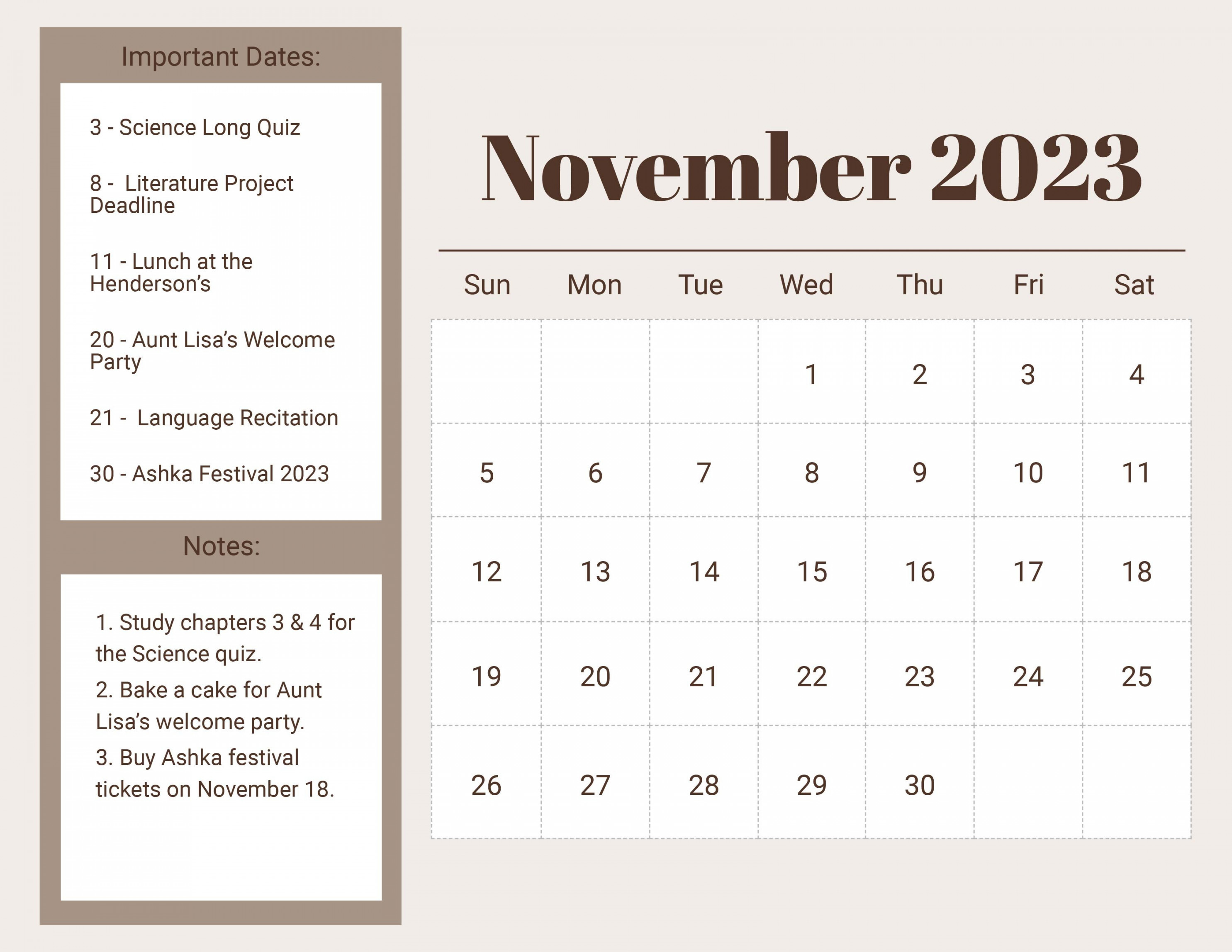 Free Printable November  Calendar Template - Download in Word