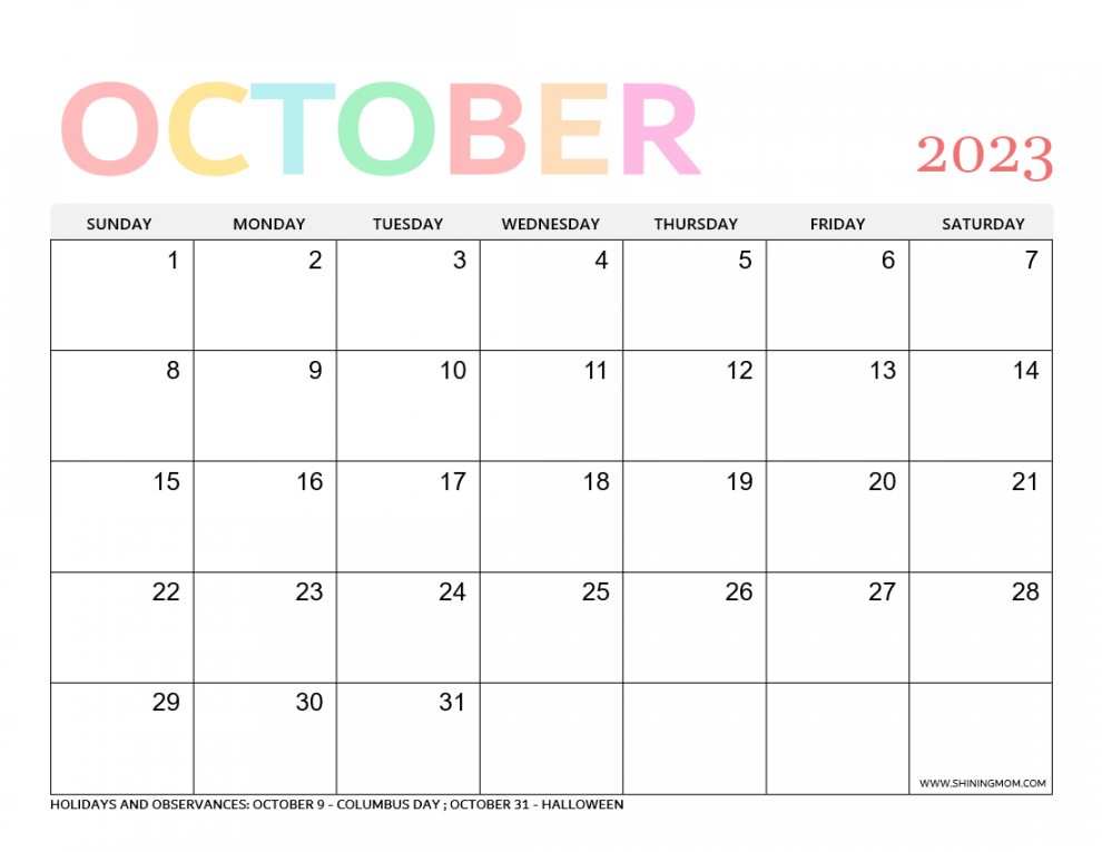 Free Printable October  Calendar with Holidays   Best Templates