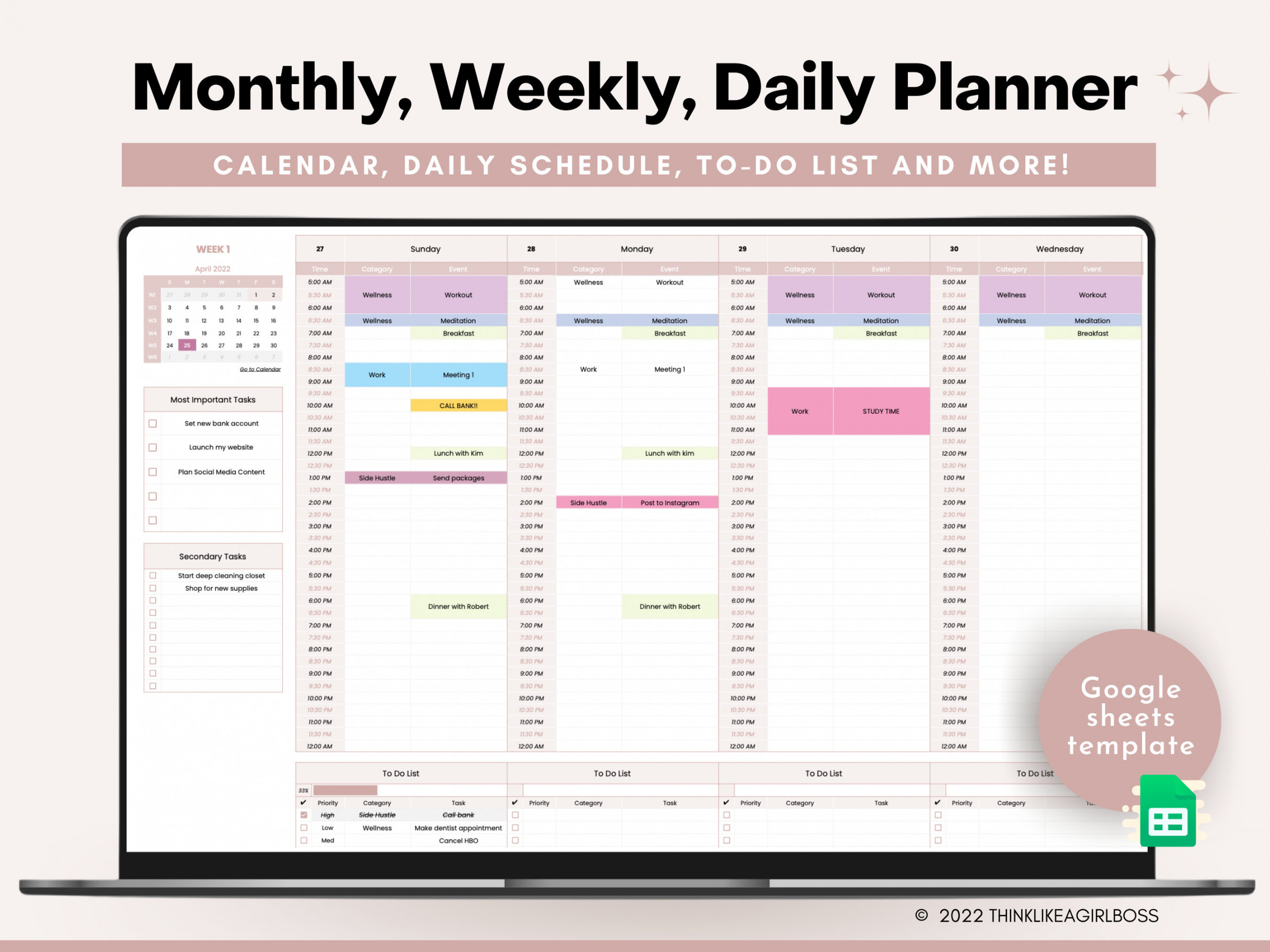Google Sheets to Do List, Undated Weekly Planner, Monthly Calendar