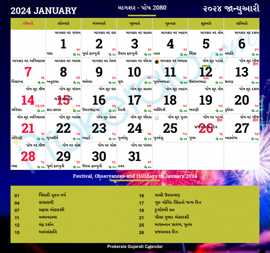 Gujarati Calendar January,   Vikram Samvat , Magshar, Posh