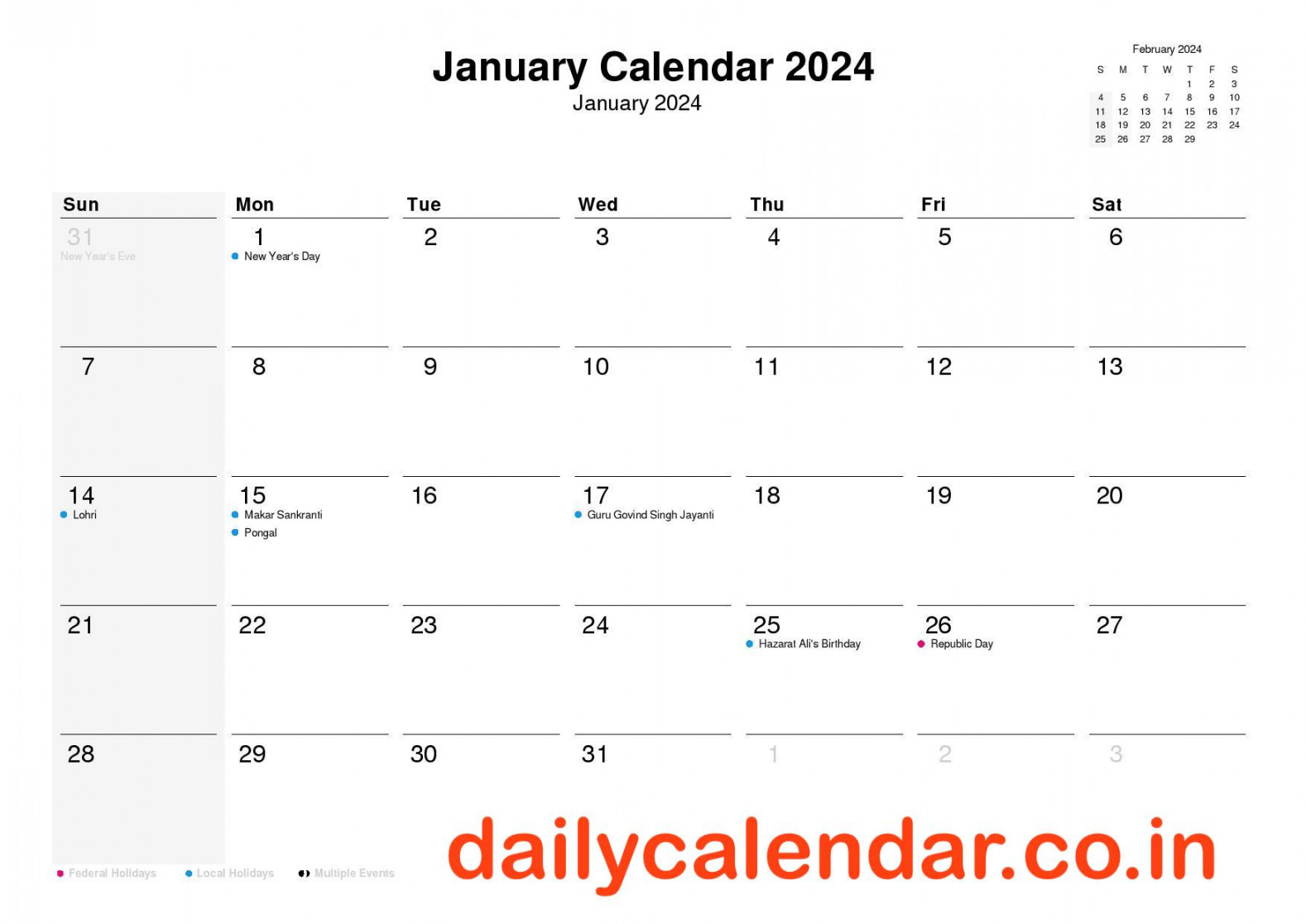 Hindu] January  Calendar with Holidays India Current Affairs