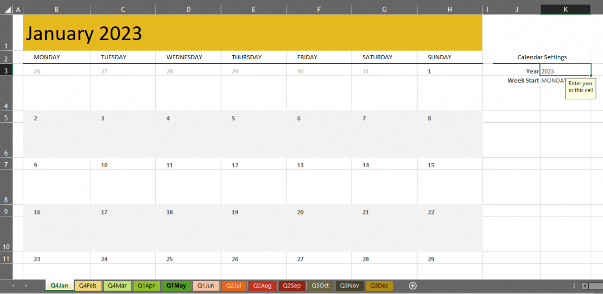 How do I change the start month in excel calendar template to