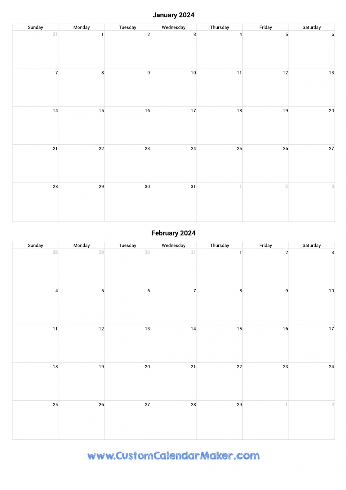 January and February  Printable Calendar Template