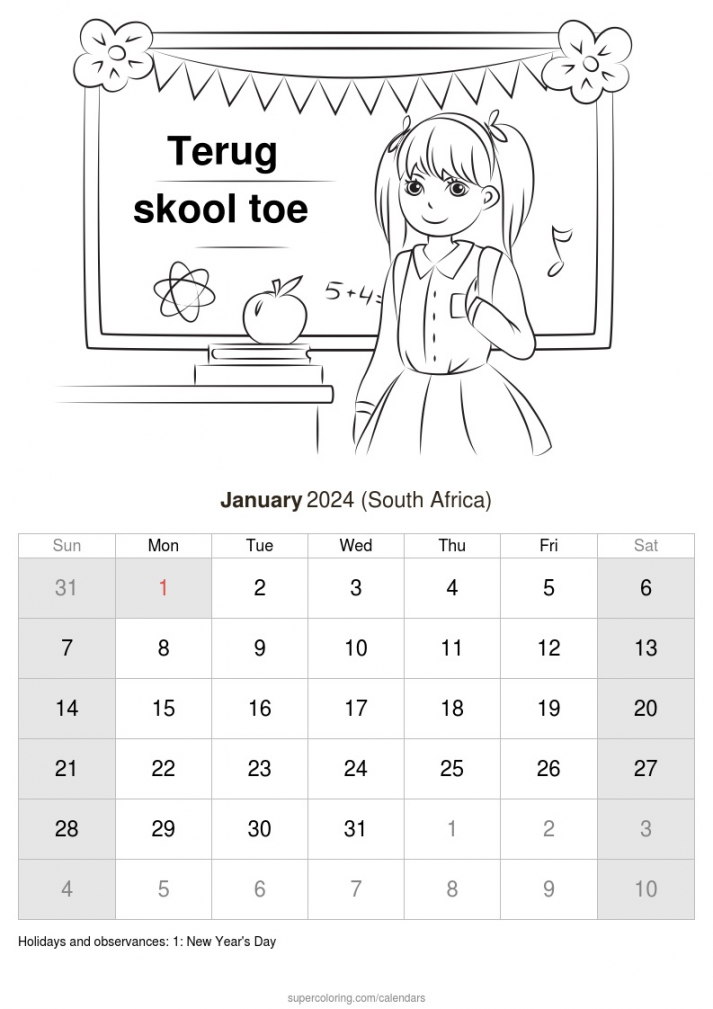 January  calendar - South Africa