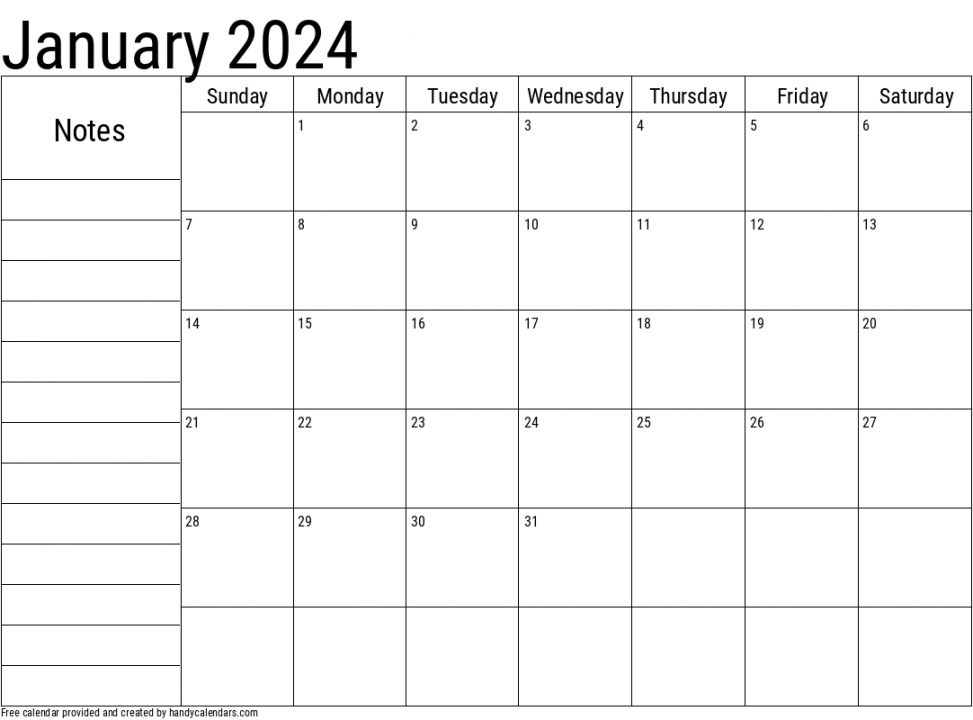 January  Calendar With Notes - Handy Calendars