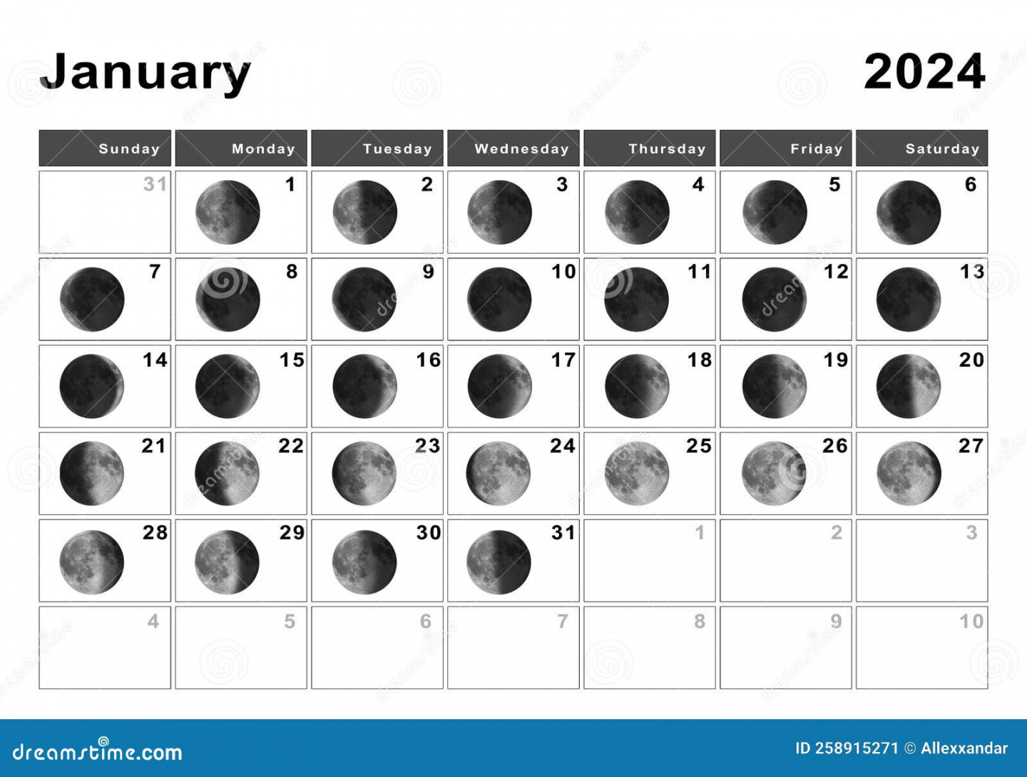 January  Lunar Calendar, Moon Cycles Stock Illustration