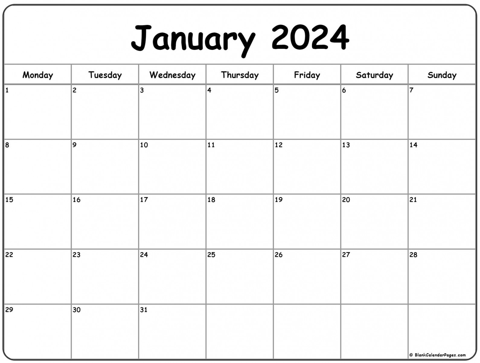 January  Monday Calendar  Monday to Sunday