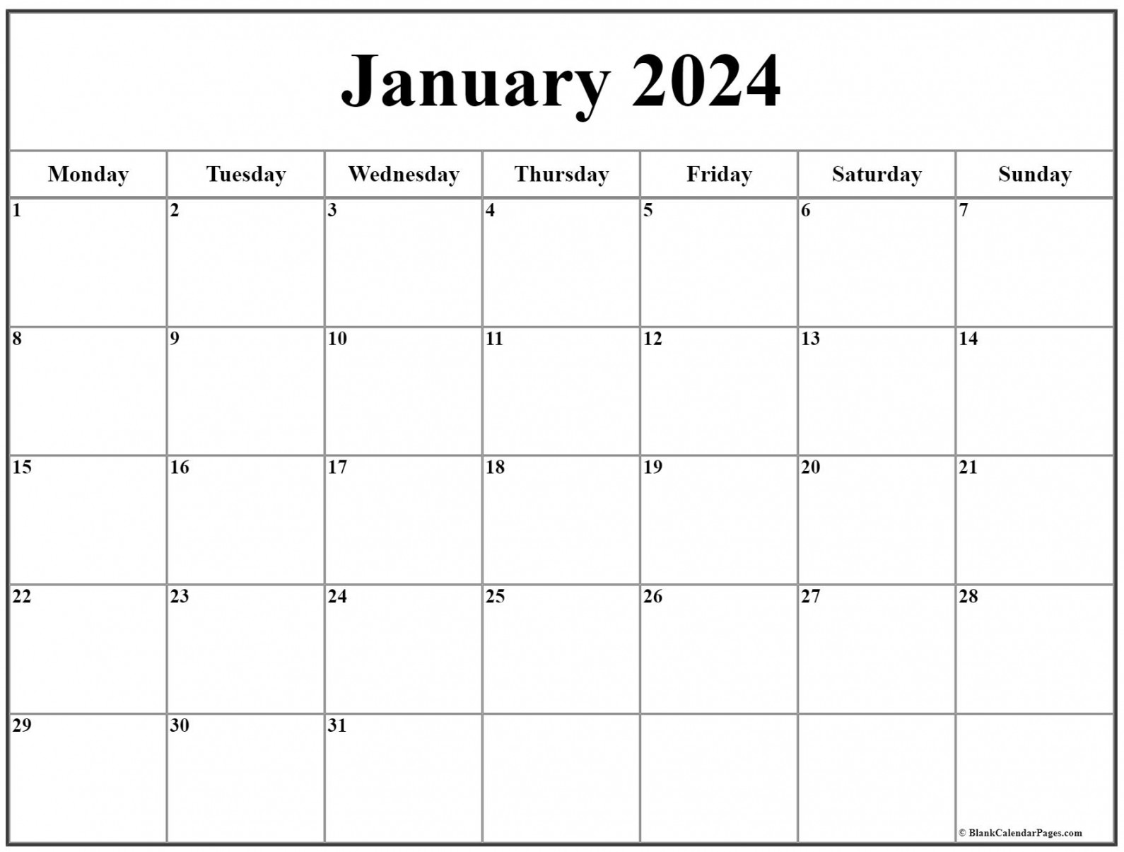 January  Monday Calendar  Monday to Sunday