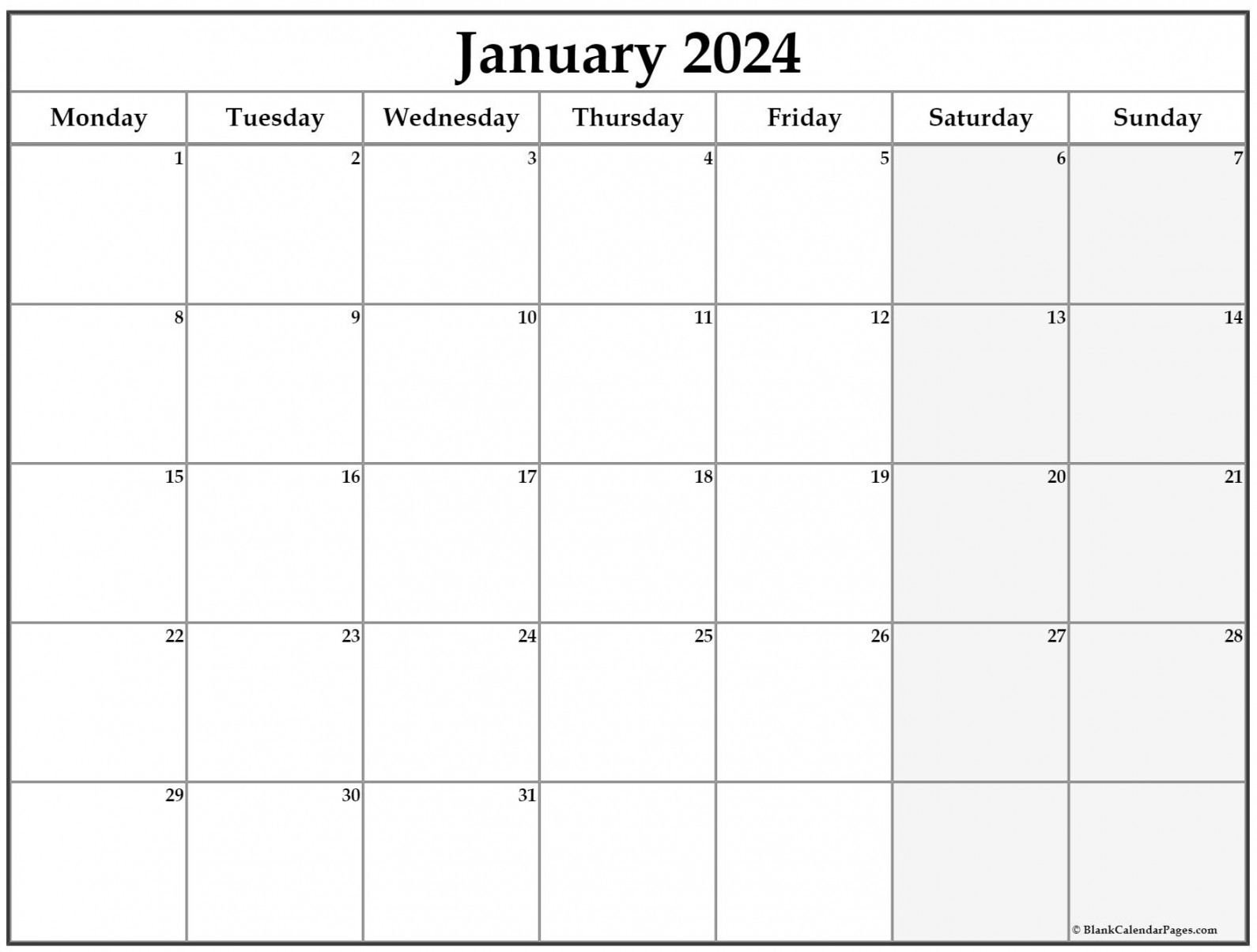 January  Monday Calendar  Monday to Sunday