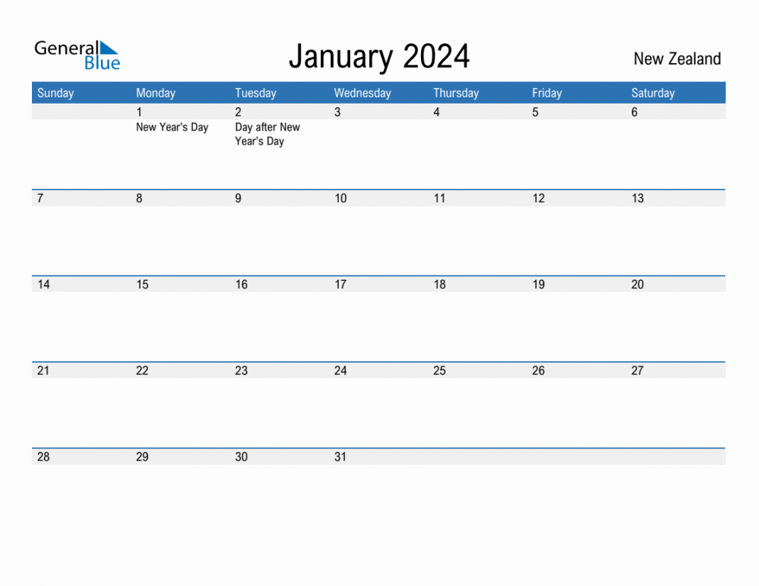 January  Monthly Calendar with New Zealand Holidays