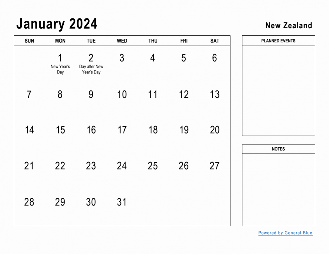 January  Planner with New Zealand Holidays