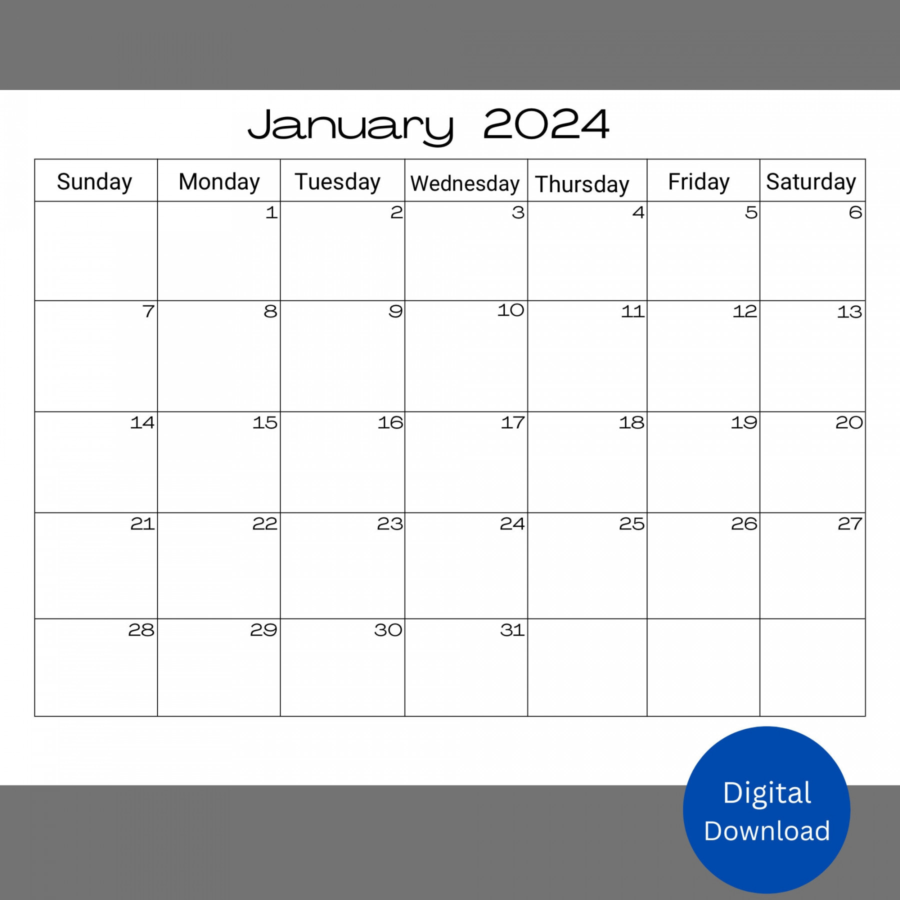 January  Printable Calendar Digital Download PDF