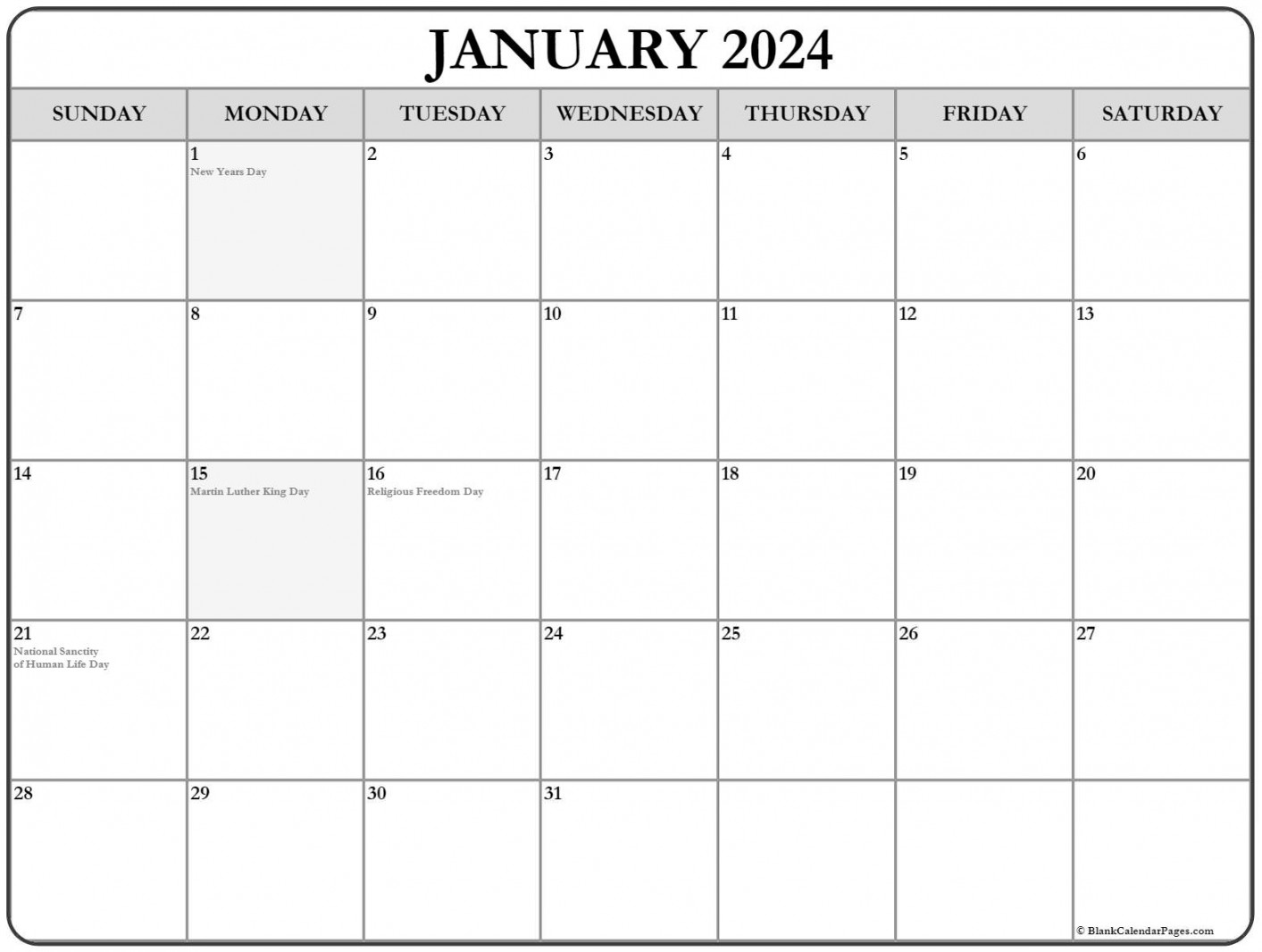 January  with holidays calendar