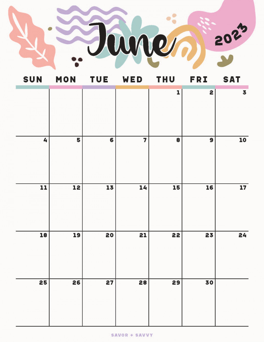 June  Calendar Templates -  Free Printables - Savor + Savvy