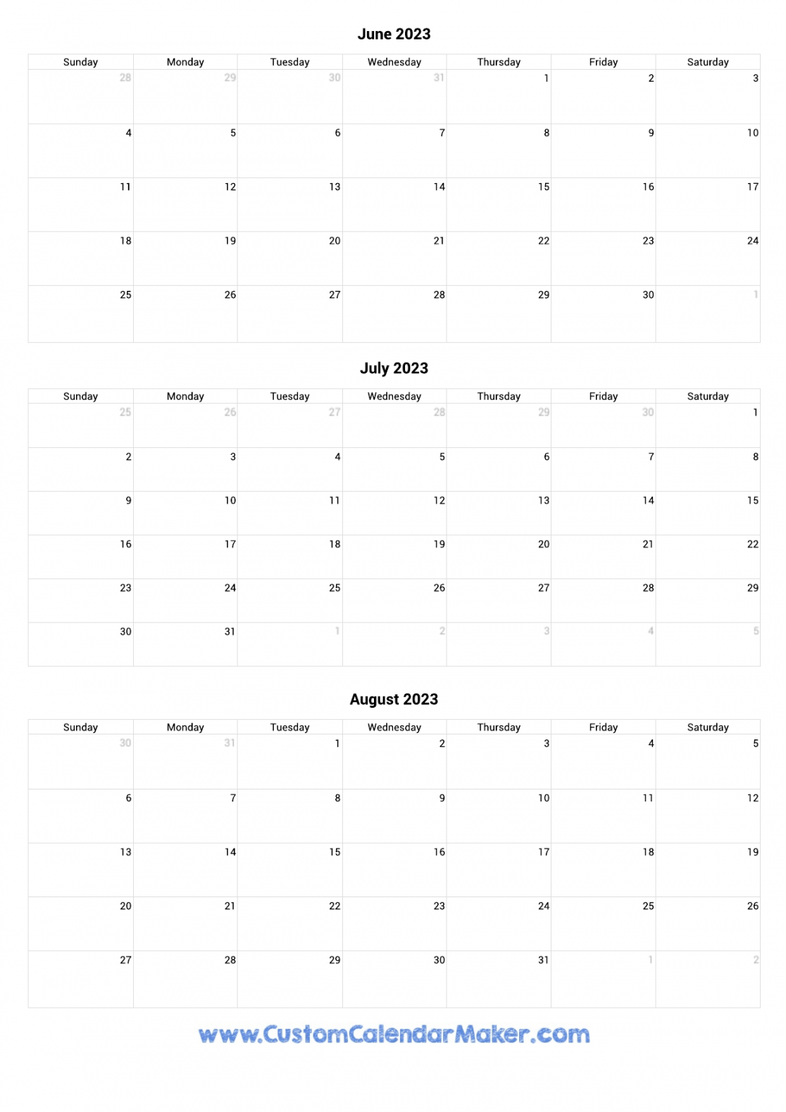 June to August  Calendar Printable