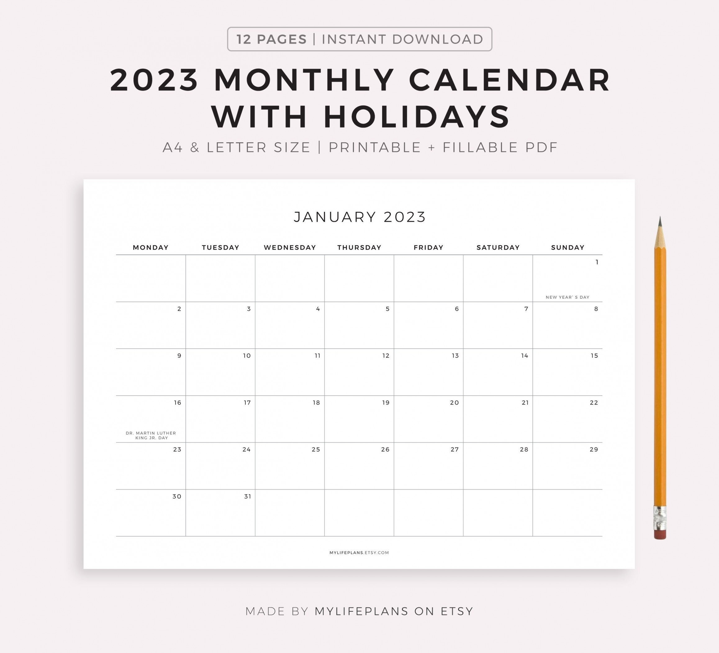 Monthly Calendar With Holidays Printable Calendar - Etsy Hong