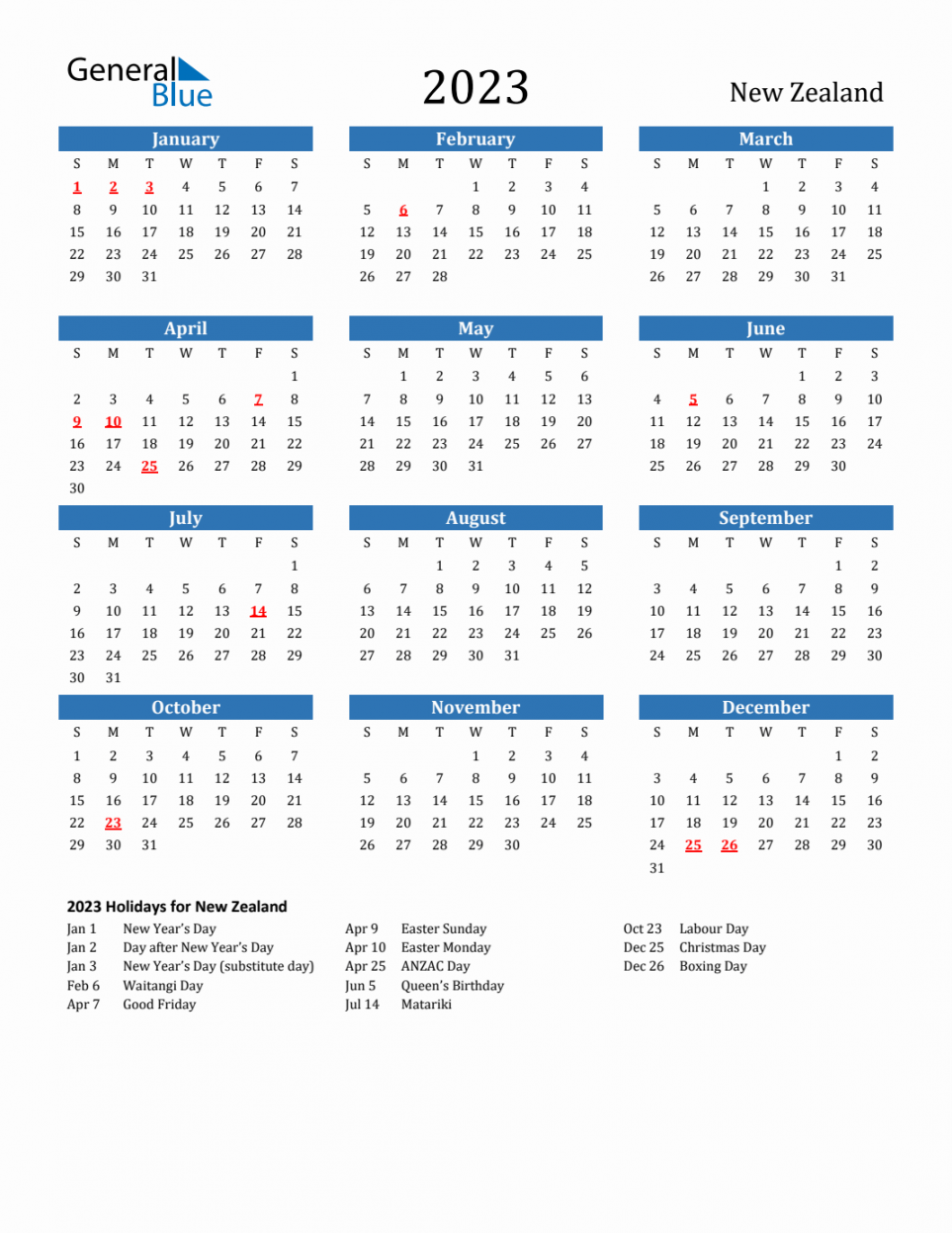 New Zealand Calendar with Holidays