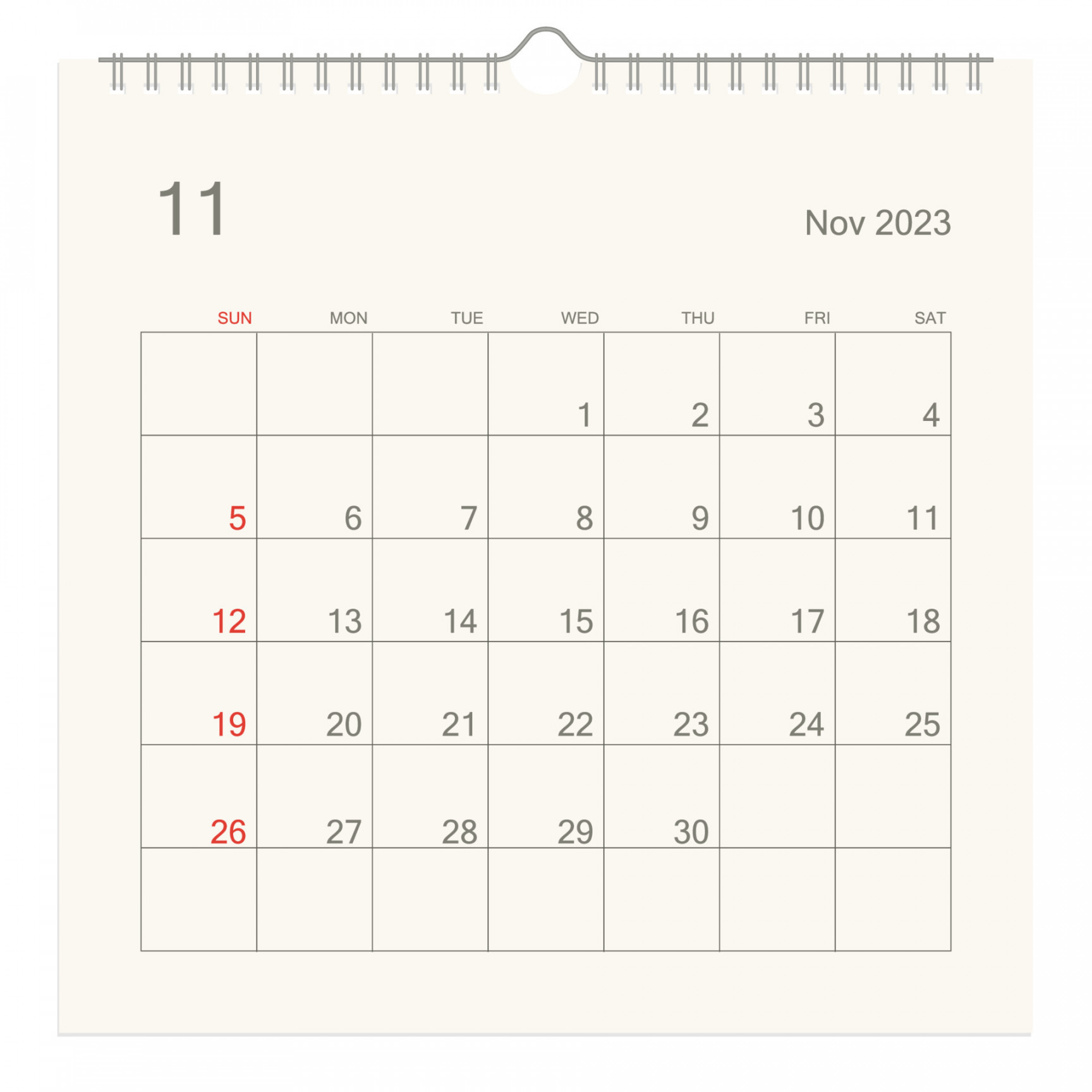 November  calendar page on white background