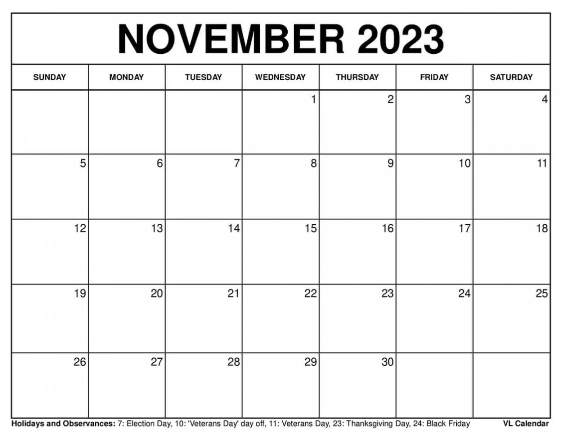 November  Calendar Printable Templates with Holidays