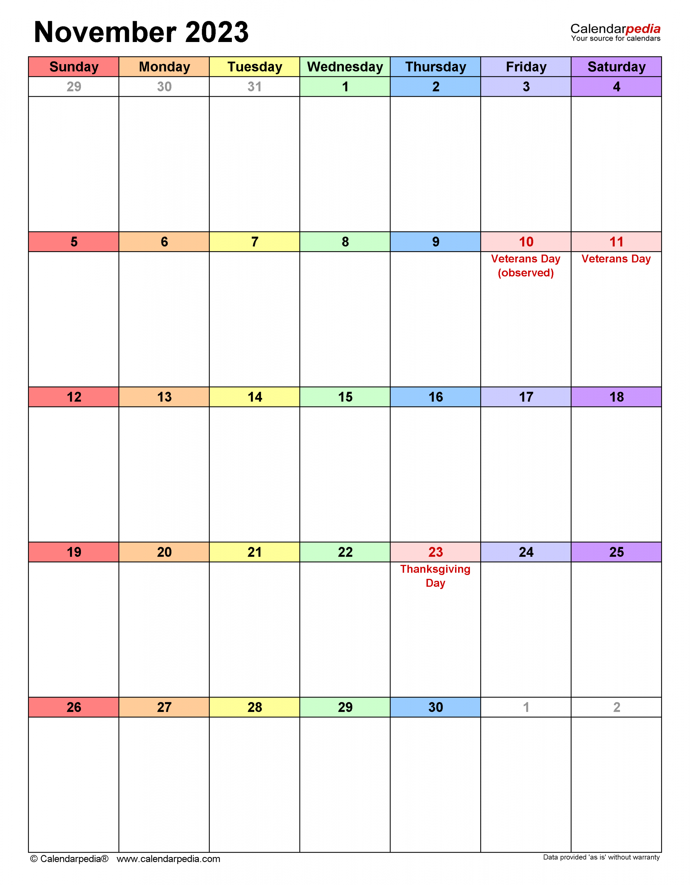 November  Calendar  Templates for Word, Excel and PDF