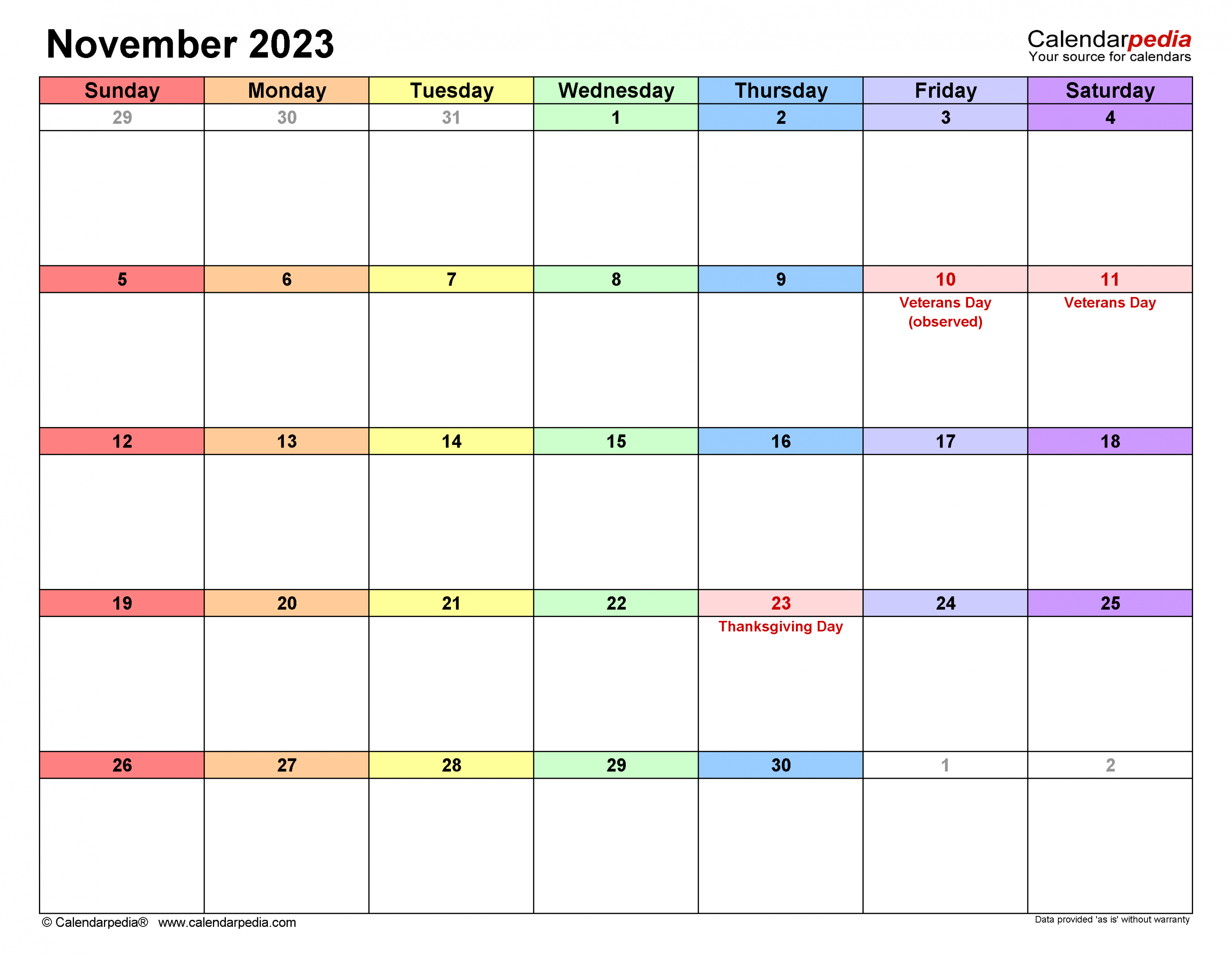 November  Calendar  Templates for Word, Excel and PDF