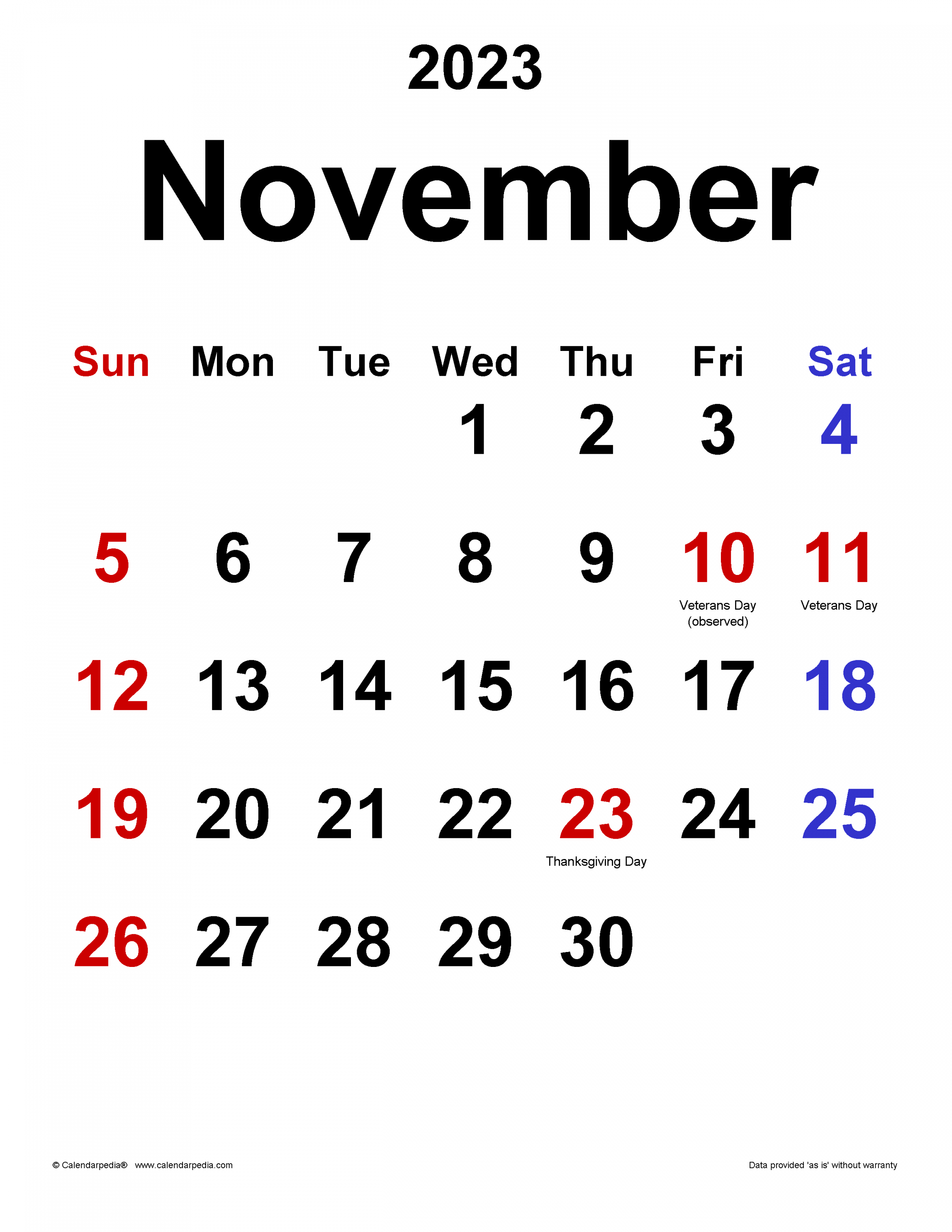 November  Calendar  Templates for Word, Excel and PDF