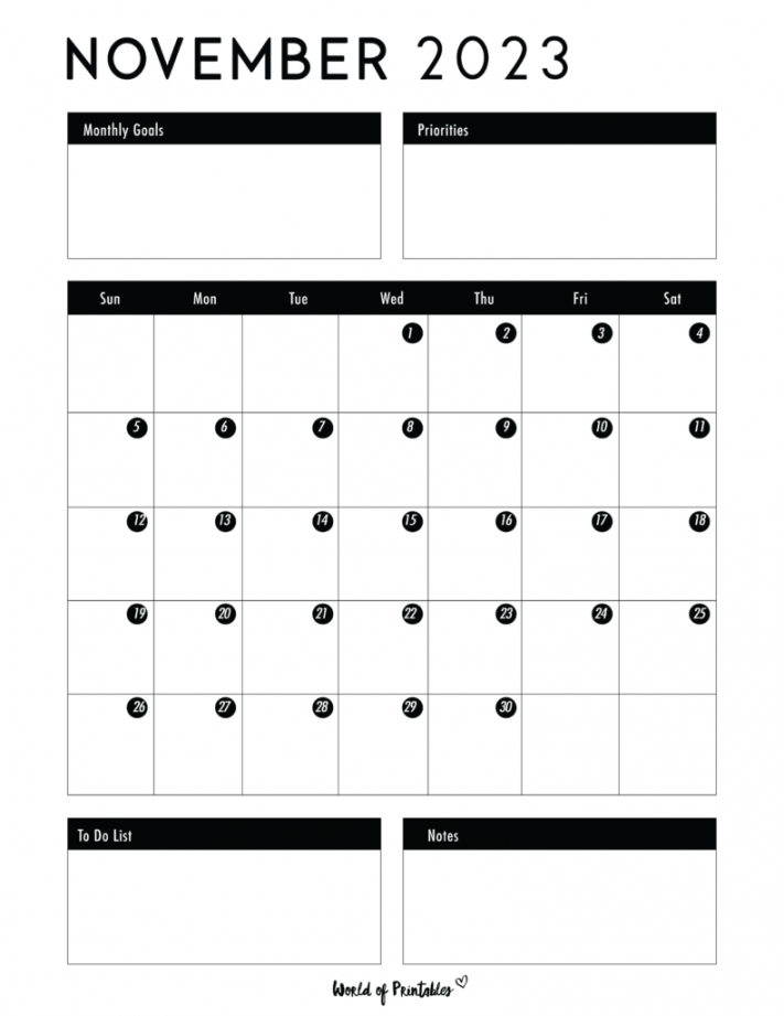 November  Calendars  + Styles - World of Printables