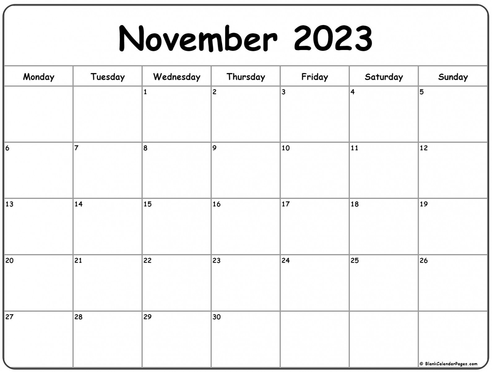 November  Monday Calendar  Monday to Sunday