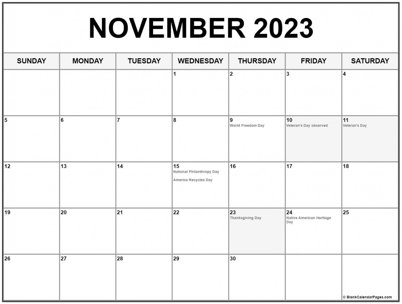 November  with holidays calendar