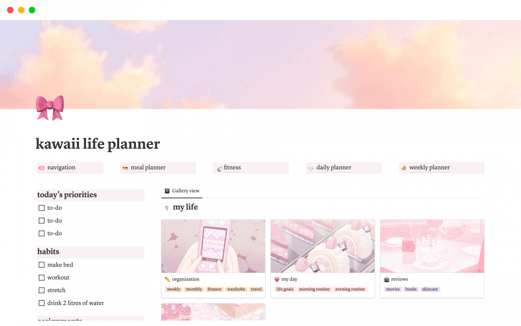 Pink Kawaii Aesthetic Life Planner  Notion Template