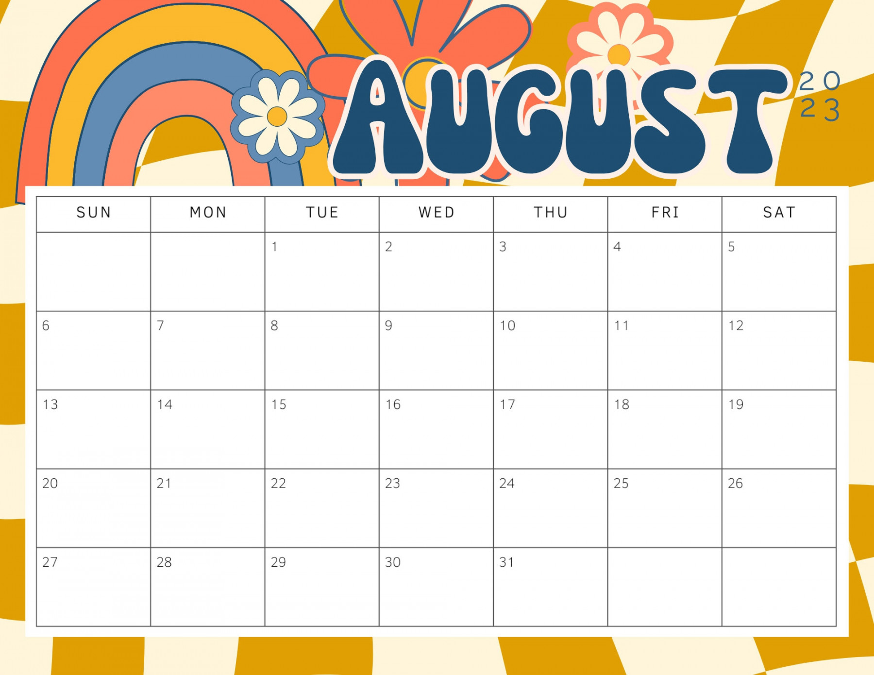 Printable August  Calendar : Retro Aesthetic Back-to-School s Daisy  Wall Calendar