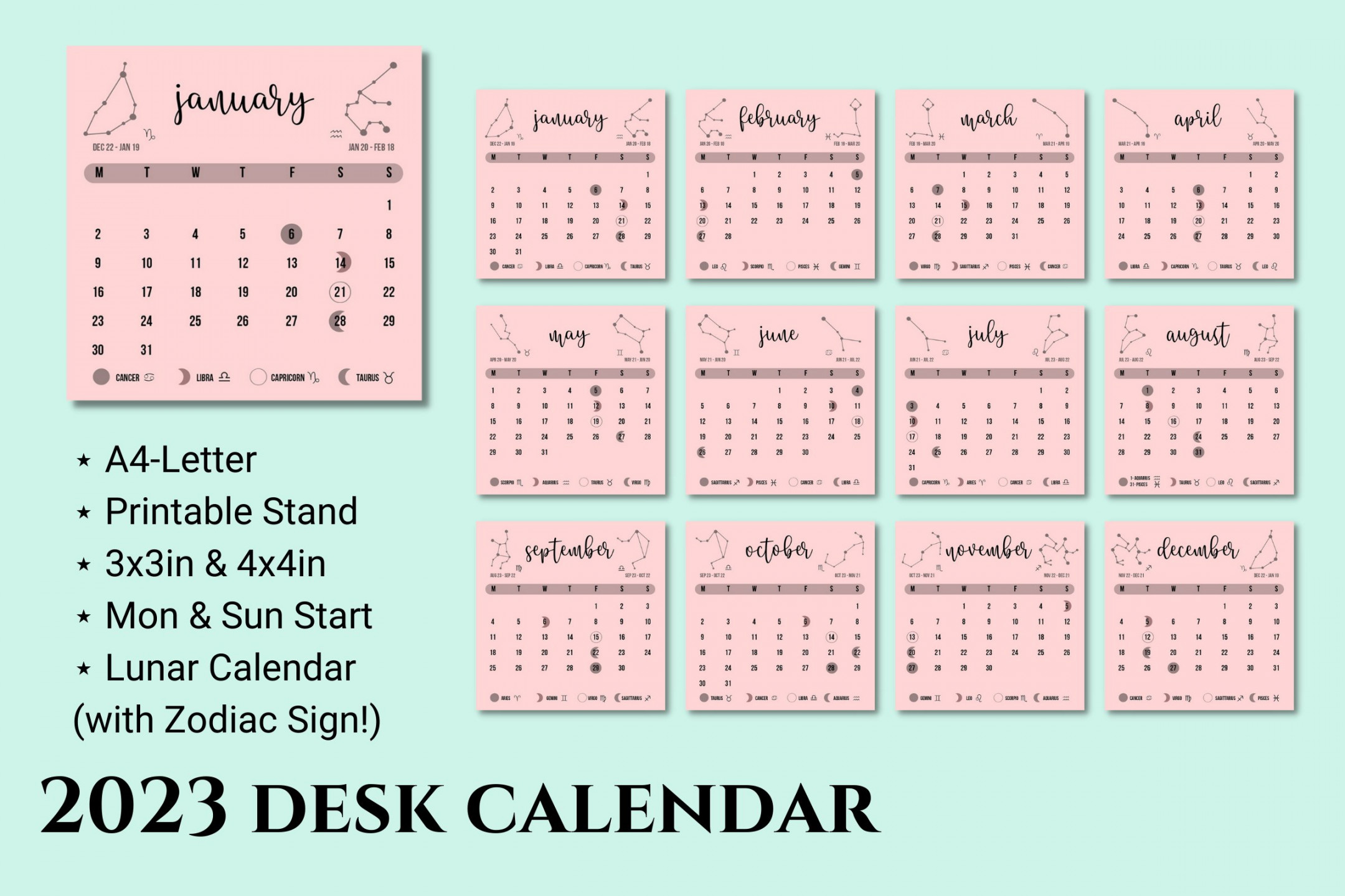 Printable Desk Calendar - Zodiac, Pink