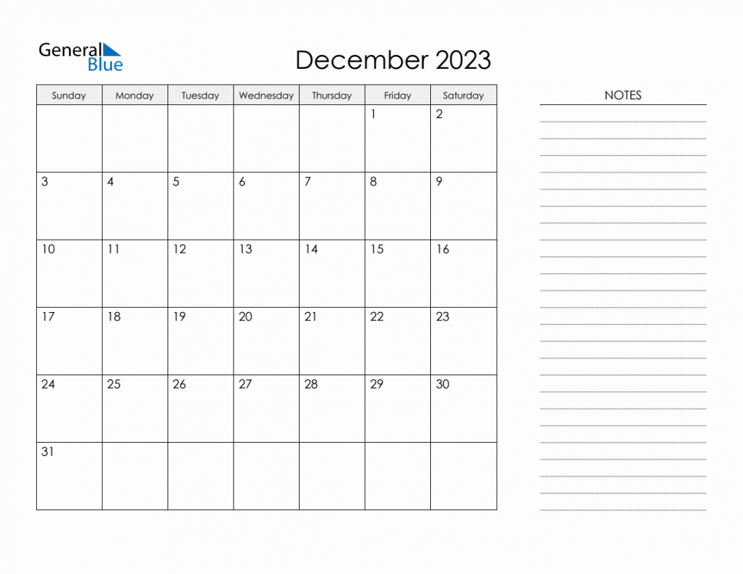 Printable Monthly Calendar with Notes - December