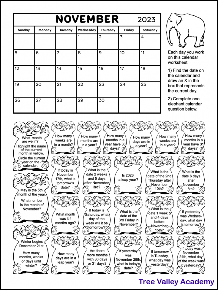 Printable November  Calendar Worksheet for Grade  &