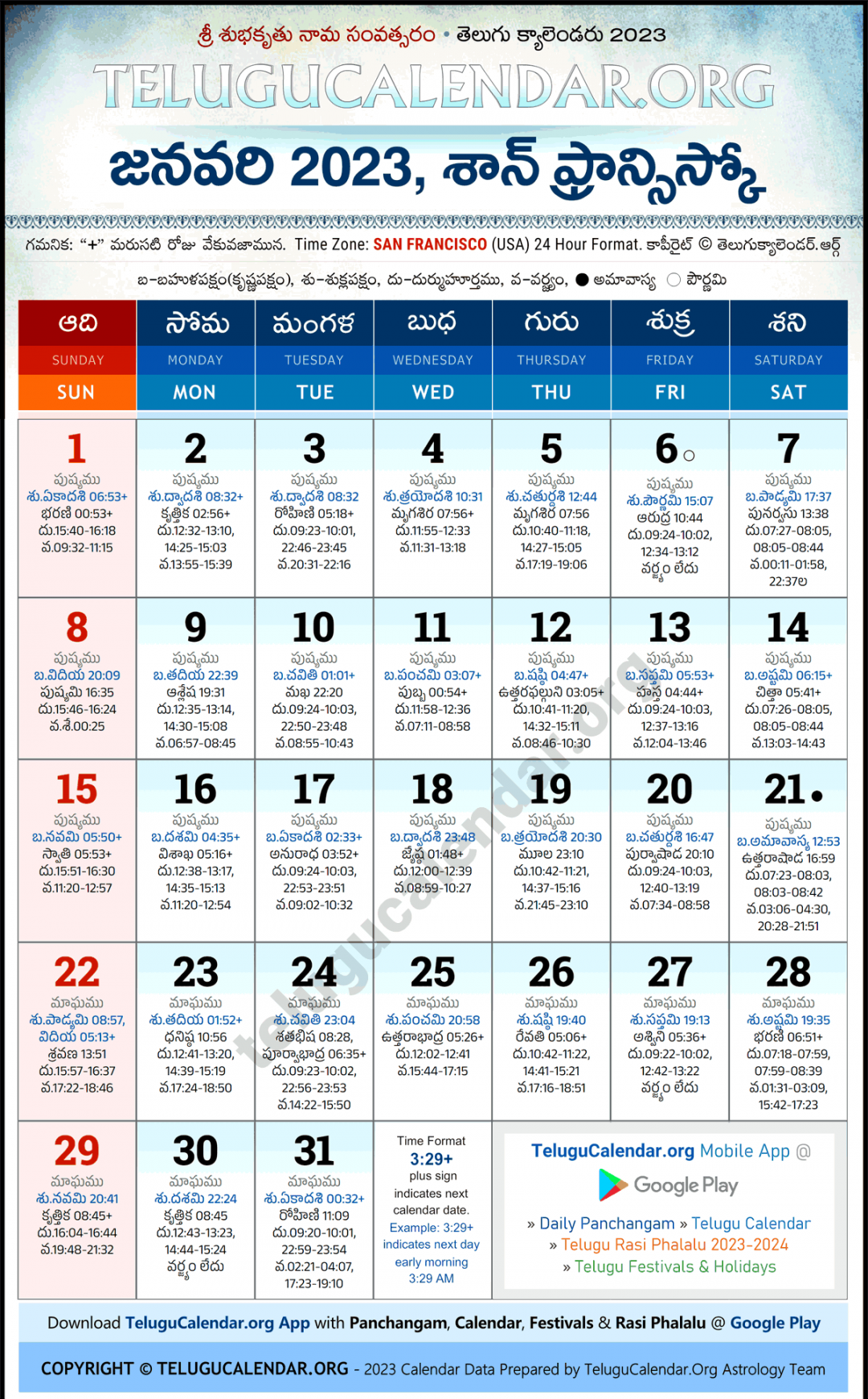 San Francisco Telugu Calendar  January PDF Festivals