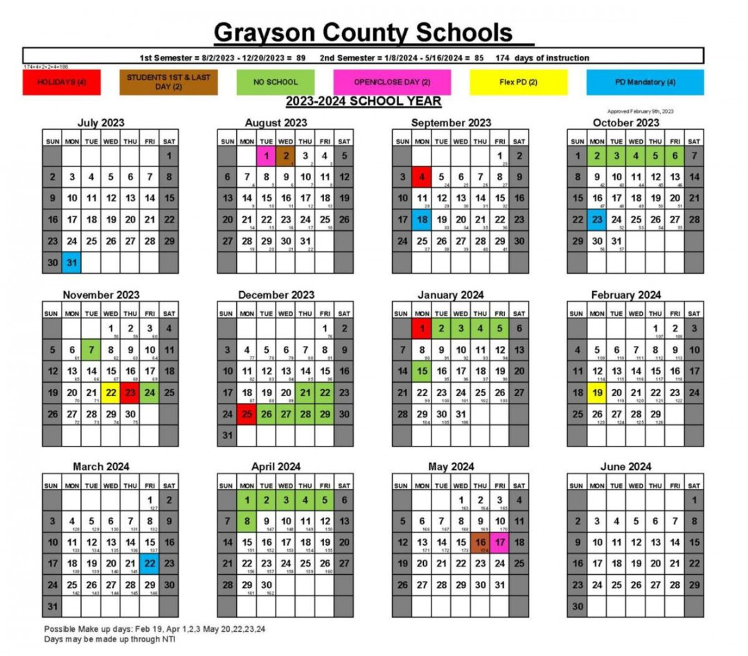 - school year calendar set  Grayson County  messenger