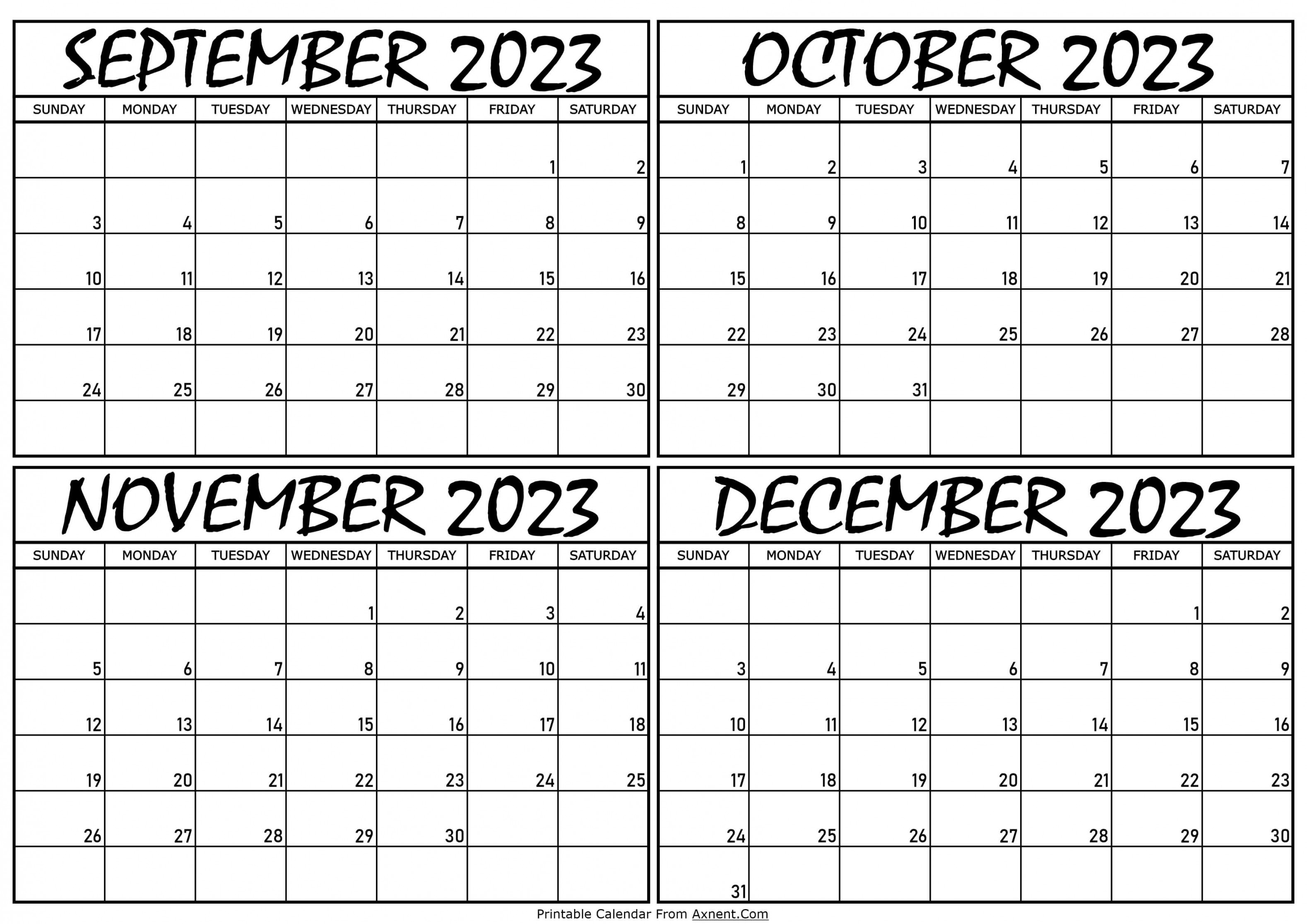 September To December  Calendar Templates - Four Months