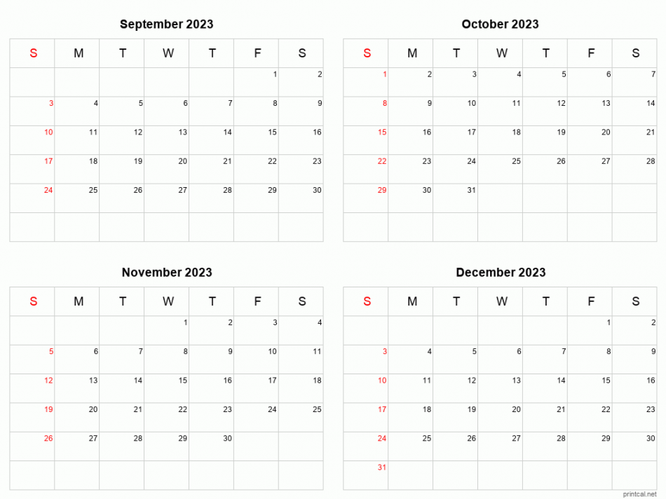 September to December  Printable Calendar  Four Months Per