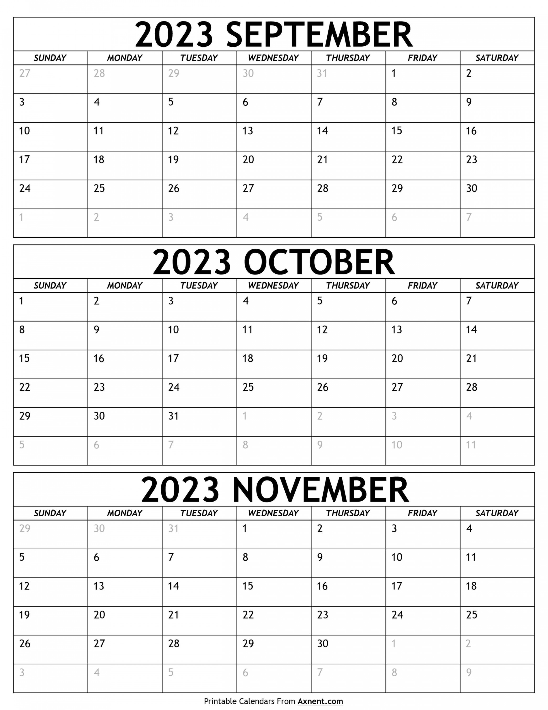 September to november calendar templates three months