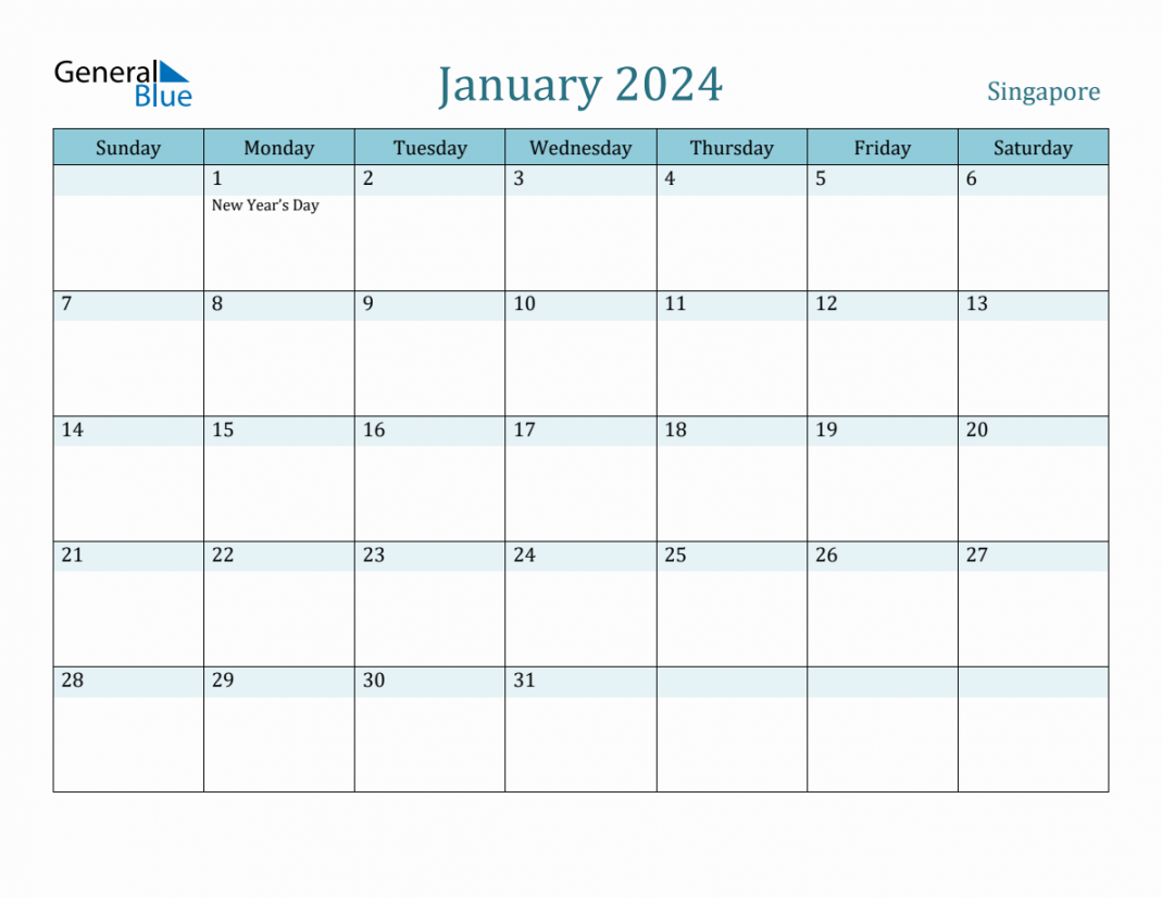 Singapore Holiday Calendar for January