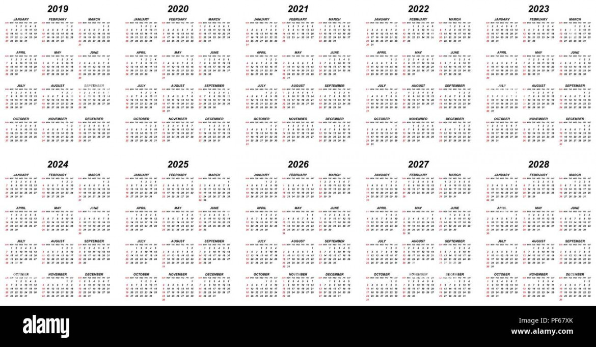 Ten years simple editable vector calendars for year