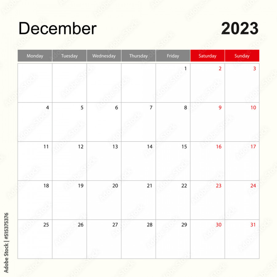 Wall calendar template for December