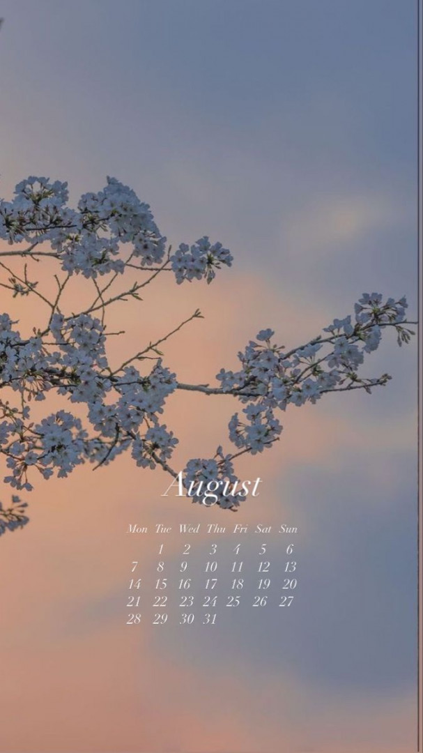 Wallpaper august  calendar tree flowers aesthetic clouds in