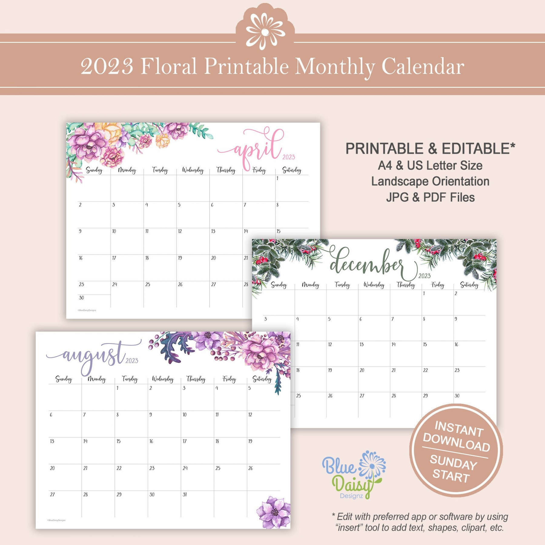 Watercolor Floral Calendar Printable Editable Landscape - Etsy