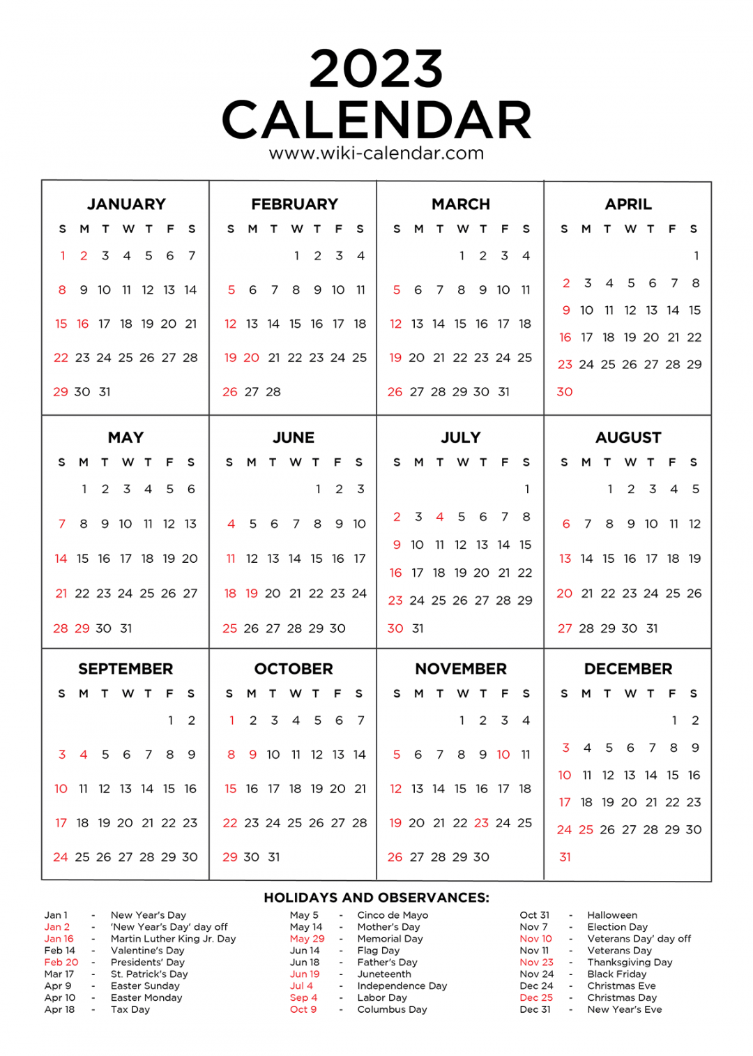 Year  Calendar Printable with Holidays
