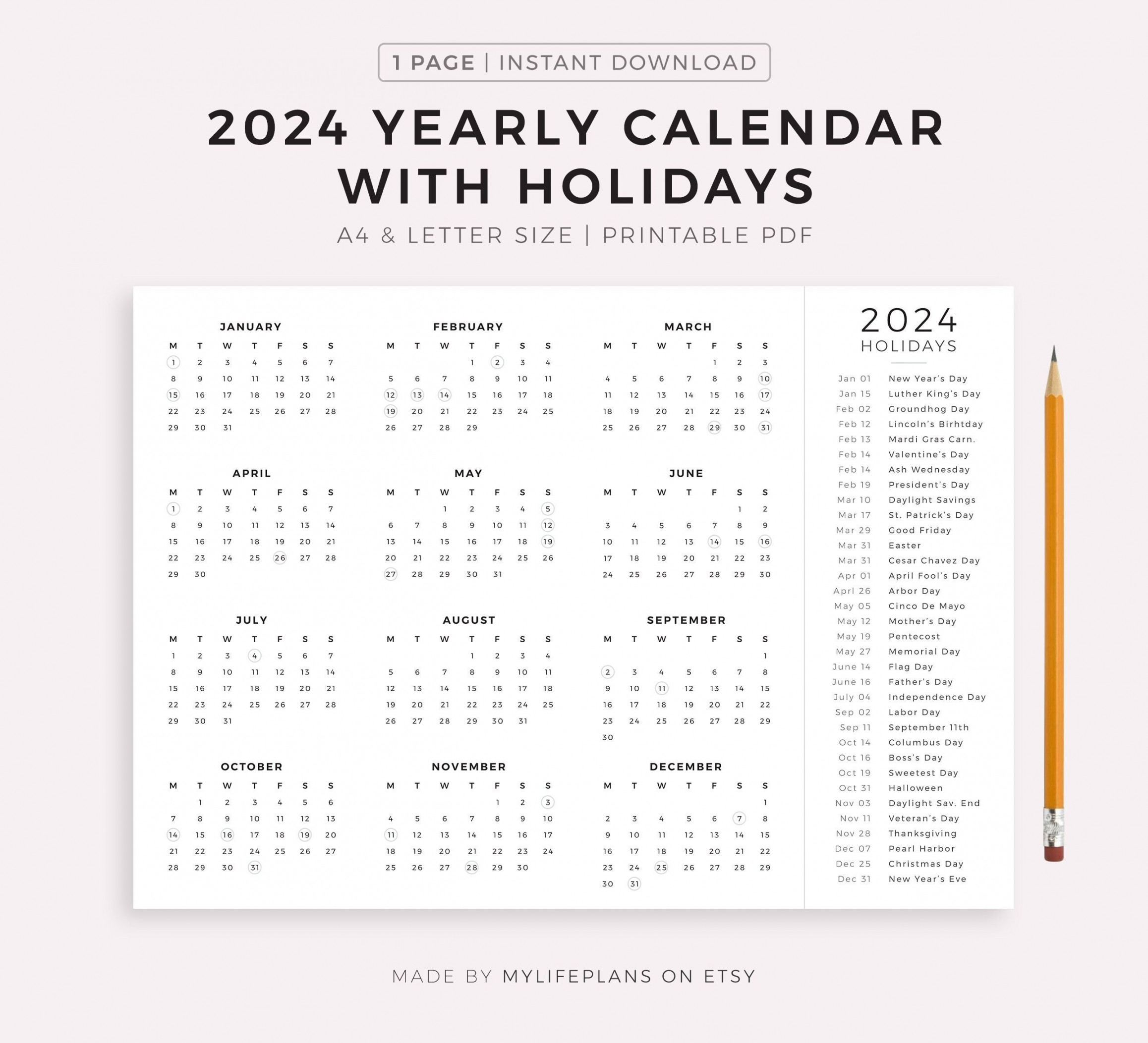 Year Calendar With Holidays on One Page Printable - Etsy Hong