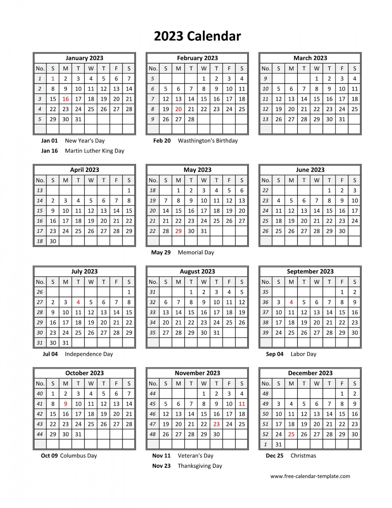 Yearly printable calendar  with holidays  Free-calendar