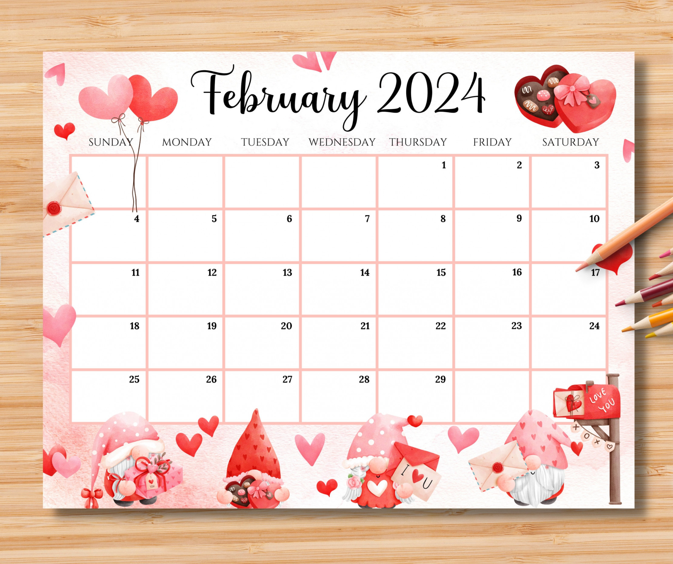 EDITABLE February  Calendar, Sweet Valentine  With Cute