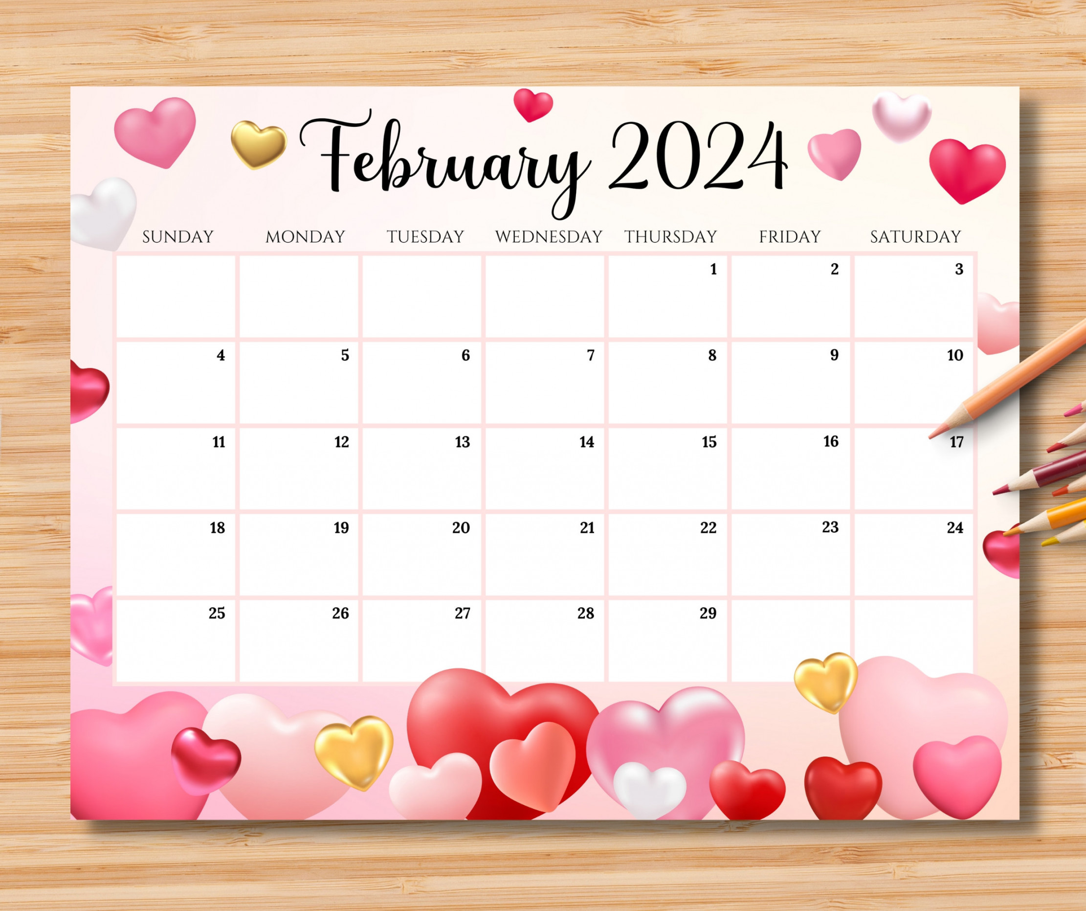 EDITABLE February  Calendar Sweet Valentine With Pink - Etsy