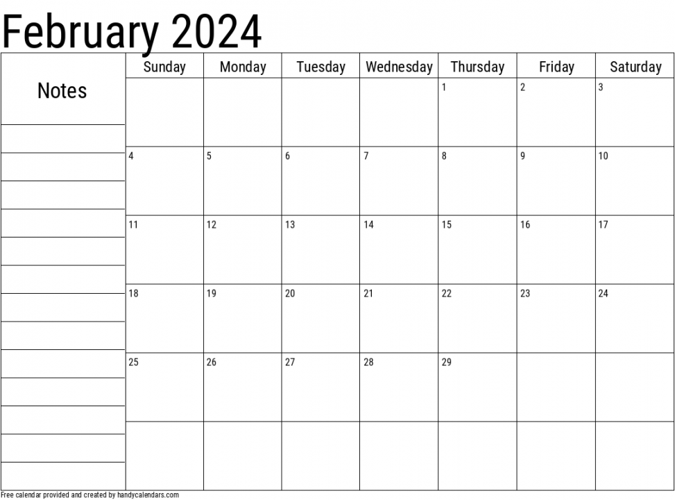 February  Calendar With Notes - Handy Calendars